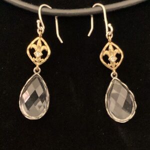 SILPADA 925 Sterling Silver Brass Fleur De Lis Raindrop CZ Dangle Earrings